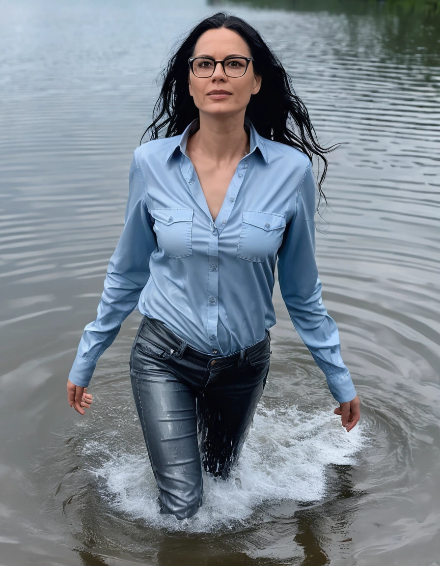 photo of young woman, in soaking wet, drenched clothes,
office shoes , long light gray leather jeans, light blue jeans shirt with long sleeves, walking submerged in sunny deep lake, 
enjoying, wet clothes stuck to body,
detailed textures of the wet clothes, wet face, wet plastered hair,
wet, drenched, professional, high-quality details, full body view.
sharp focus, ultra-high pixel detail, realistic, high-quality, full colors, incredibly detailed, 4k, 8k, 16k, hyper-realistic, RAW photo, masterpiece, ultra-detailed, professionally color graded, professional photograph, woman 51 years old, long black hair, very big and thick lips, office glasses, complete body, open mouth