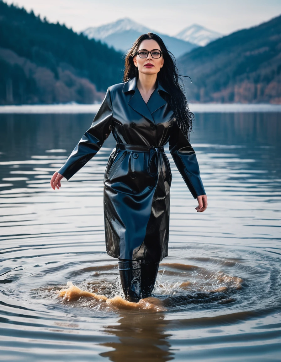 photo of young woman, in soaking wet, drenched clothes,
office shoes , long black latex jeans, maxi black winter coat, walking submerged in sunny deep lake, 
enjoying, wet clothes stuck to body,
detailed textures of the wet clothes, wet face, wet plastered hair,
wet, drenched, professional, high-quality details, full body view.
sharp focus, ultra-high pixel detail, realistic, high-quality, full colors, incredibly detailed, 4k, 8k, 16k, hyper-realistic, RAW photo, masterpiece, ultra-detailed, professionally color graded, professional photograph, woman 51 years old, long black hair, very big and thick lips, office glasses, complete body, open mouth