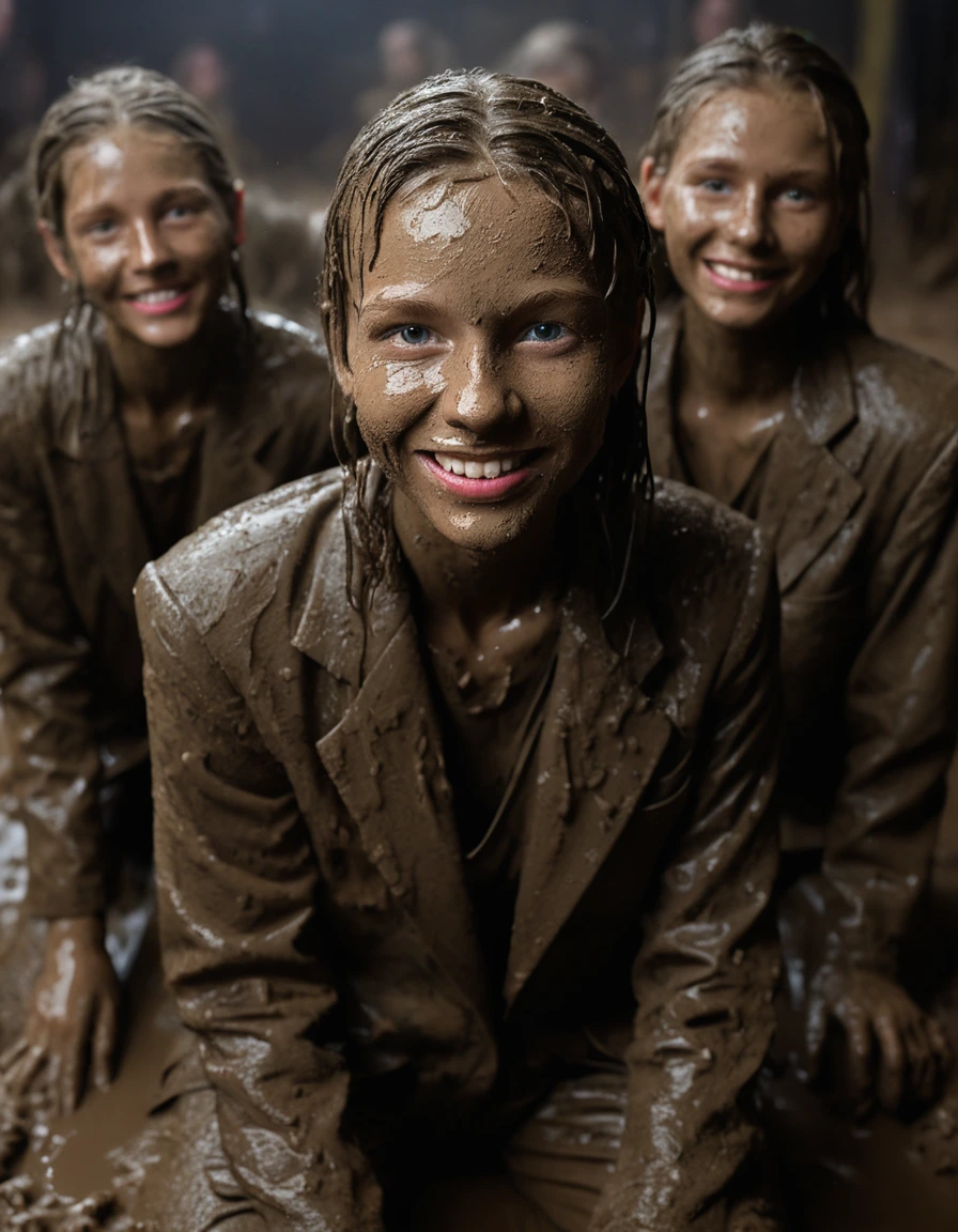 photo of young woman, in soaking wet, drenched clothes,
, Long tight very muddy suit pants, Full muddy ruined fully opened tight blazer like a fancy uniform over topless., Dark muddy indoor disco club at night. Deep mud on the floor, mud splashed walls, dripping mud from above, very dark mood lighting with pink and blue neon lights from above. Muddy chairs and sofas in the background. , 
enjoying, wet clothes stuck to body,
detailed textures of the wet clothes, wet face, wet plastered hair,
wet, drenched, professional, high-quality details, full body view.
sharp focus, ultra-high pixel detail, realistic, high-quality, full colors, incredibly detailed, 4k, 8k, 16k, hyper-realistic, RAW photo, masterpiece, ultra-detailed, professionally color graded, professional photograph, Three cute blonde 13 years old beautiful gleaming girls with childish appearance are wallowing together in the muddy pool after a full dip in it and holding a glass of juice in their hands during the crazy muddy indoor disco party at night and posing for a professional photo. They are proudly wearing their fully and heavily mud-covered suits. Every small details of the clothes are muddy, clean beautiful faces. Their blazer has the same colour as their muddy pants. The classy elegant disco club is totally destroyed by mud, mud spots everywhere, mud flows down on the walls, mud on the furnitures in the background. Straight muddy very long open wavy hairstyle, muddy hair, smiling childish and satisfied beautiful clean faces, blue eyes, earrings, lipstick. The girls are enjoying to being total muddy in the muddy pool while they are enjoying the muddy party. Photorealistic detailed smiling facial expressions. Full-body photo from front view, highly realistic representation, ultra sharp focus, highly photorealistic detailed textures, highly photorealistic detailed facial features and expressions, highly photorealistic hands, highly emotional reactions, highly best quality, highly sharp photorealistic image, highly photorealistic details, full UHD resolution, 32 K, very high level of detail and image sharpness, zoomed in