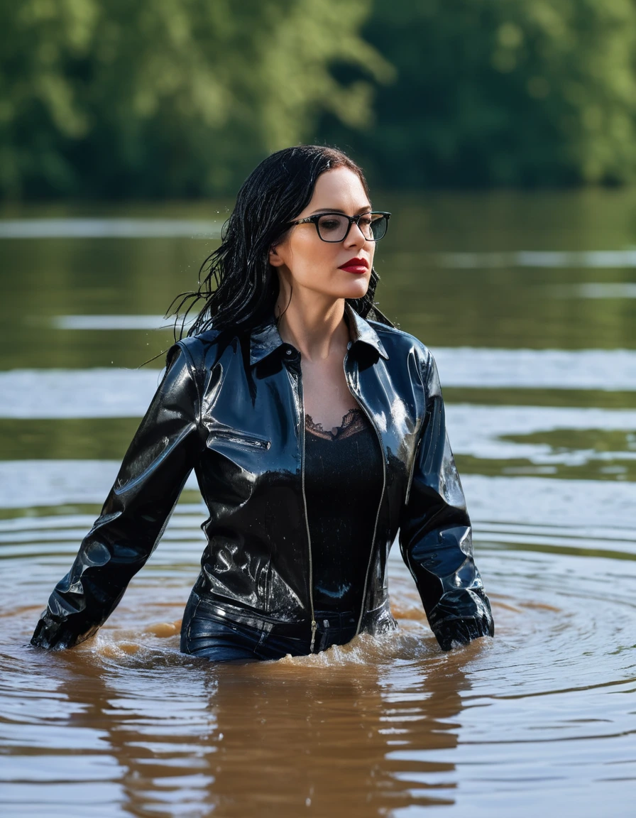 photo of young woman, in soaking wet, drenched clothes,
office shoes , long blue latex jeans, black silk lace shirt, black biker latex jacket, walking submerged in sunny deep lake, 
enjoying, wet clothes stuck to body,
detailed textures of the wet clothes, wet face, wet plastered hair,
wet, drenched, professional, high-quality details, full body view.
sharp focus, ultra-high pixel detail, realistic, high-quality, full colors, incredibly detailed, 4k, 8k, 16k, hyper-realistic, RAW photo, masterpiece, ultra-detailed, professionally color graded, professional photograph, woman 51 years old, long black hair, very big and thick lips, office glasses, complete body, open mouth