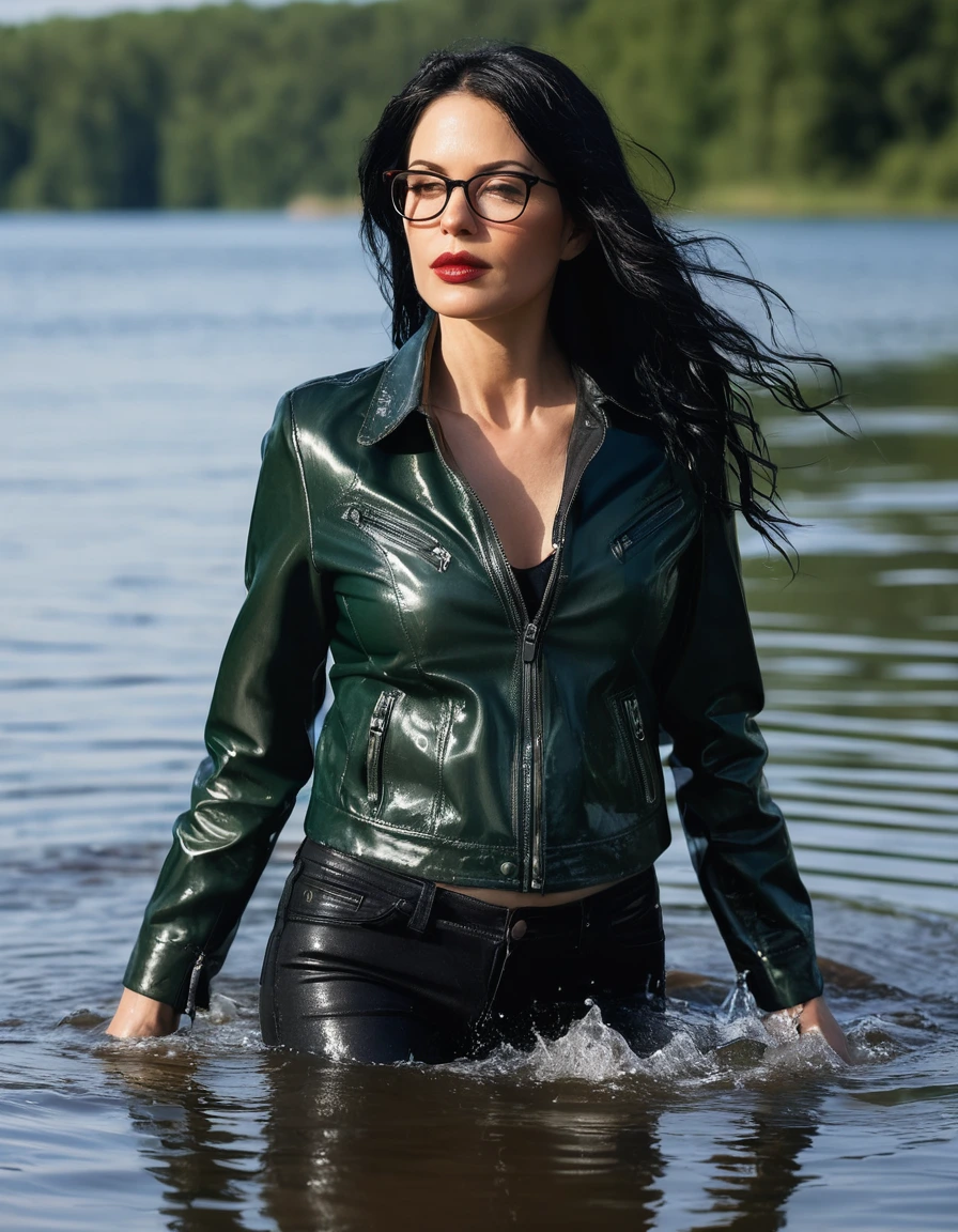 photo of young woman, in soaking wet, drenched clothes,
office shoes , long black leather jeans, dark green silk lace shirt, black biker leather jacket, walking submerged in sunny deep lake, 
enjoying, wet clothes stuck to body,
detailed textures of the wet clothes, wet face, wet plastered hair,
wet, drenched, professional, high-quality details, full body view.
sharp focus, ultra-high pixel detail, realistic, high-quality, full colors, incredibly detailed, 4k, 8k, 16k, hyper-realistic, RAW photo, masterpiece, ultra-detailed, professionally color graded, professional photograph, woman 51 years old, long black hair, very big and thick lips, office glasses, complete body, open mouth