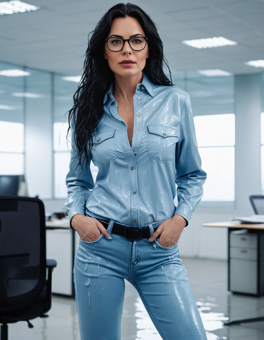photo of young woman, in soaking wet, drenched clothes,
office shoes , long light blue leather jeans, light blue jeans shirt with long sleeves, in office room, 
enjoying, wet clothes stuck to body,
detailed textures of the wet clothes, wet face, wet plastered hair,
wet, drenched, professional, high-quality details, full body view.
sharp focus, ultra-high pixel detail, realistic, high-quality, full colors, incredibly detailed, 4k, 8k, 16k, hyper-realistic, RAW photo, masterpiece, ultra-detailed, professionally color graded, professional photograph, woman 51 years old, long black hair, very big and thick lips, office glasses, complete body, open mouth