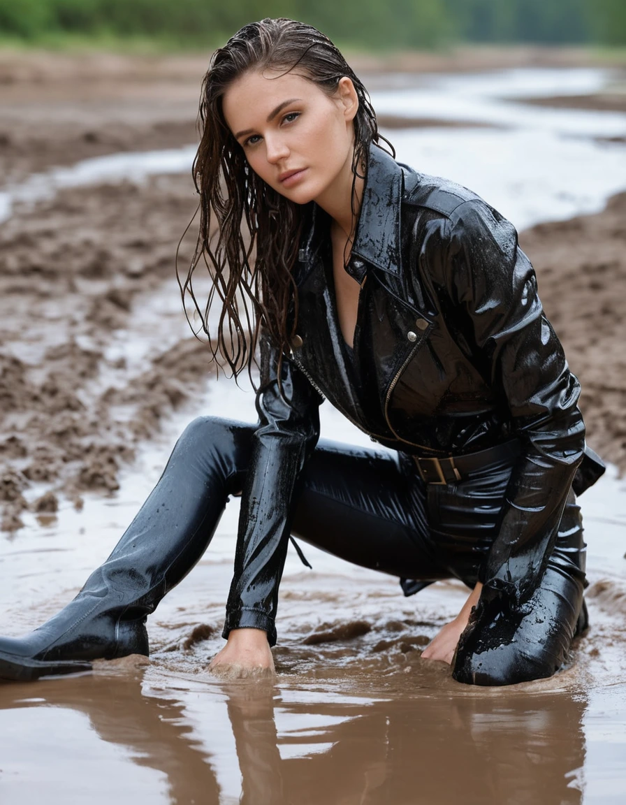 photo of young woman, in soaking wet, drenched clothes,
Muddy black leather knee-high high heeled boots, skin tight black leather jeans, black silk long sleeve leather shirt, black bikers leather jacket, black leather trench coat, lying in a mud river, water up to waist, very muddy shirts, super close up, 
enjoying, wet clothes stuck to body,
detailed textures of the wet clothes, wet face, wet plastered hair,
wet, drenched, professional, high-quality details, full body view.
sharp focus, ultra-high pixel detail, realistic, high-quality, full colors, incredibly detailed, 4k, 8k, 16k, hyper-realistic, RAW photo, masterpiece, ultra-detailed, professionally color graded, professional photograph, white woman, long dripping wet brown hair, dry skin, dry clothes, dry fabric