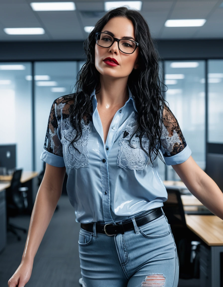 photo of young woman, in soaking wet, drenched clothes,
office shoes , long light blue leather jeans, black lace top with short sleeves, walking in office room, 
enjoying, wet clothes stuck to body,
detailed textures of the wet clothes, wet face, wet plastered hair,
wet, drenched, professional, high-quality details, full body view.
sharp focus, ultra-high pixel detail, realistic, high-quality, full colors, incredibly detailed, 4k, 8k, 16k, hyper-realistic, RAW photo, masterpiece, ultra-detailed, professionally color graded, professional photograph, woman 51 years old, long black hair, very big and thick lips, office glasses, complete body, open mouth