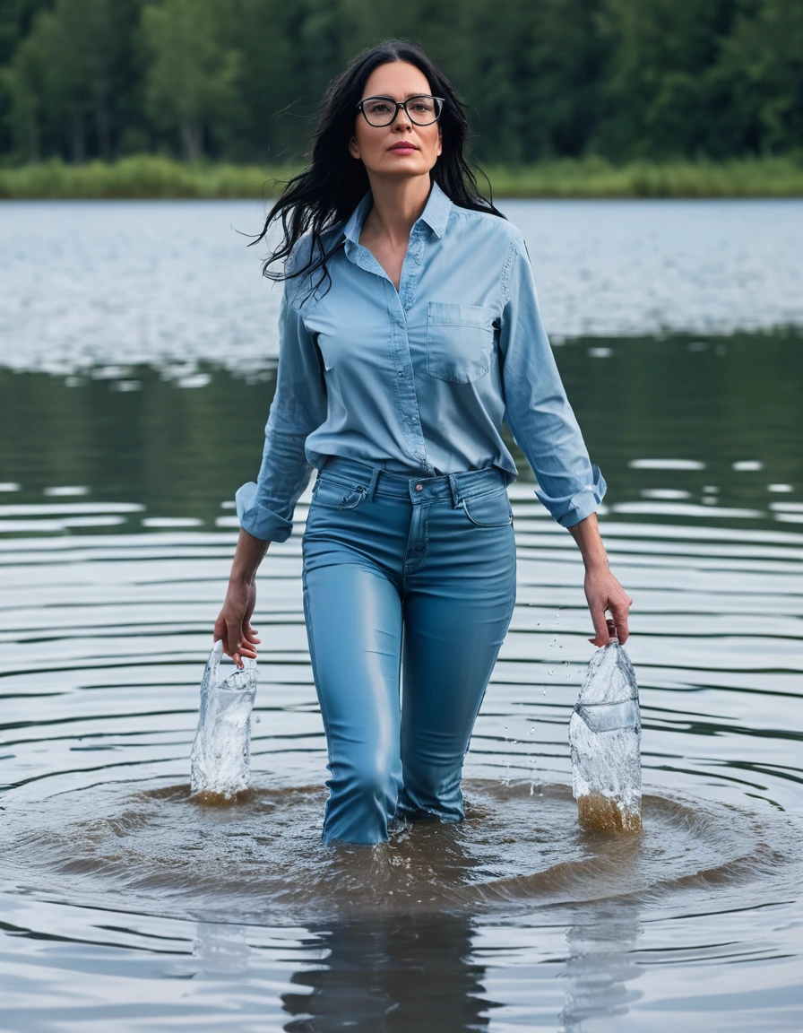 photo of young woman, in soaking wet, drenched clothes,
office shoes , long light blue leather jeans, light blue jeans shirt with long sleeves, walking submerged in sunny deep lake, 
enjoying, wet clothes stuck to body,
detailed textures of the wet clothes, wet face, wet plastered hair,
wet, drenched, professional, high-quality details, full body view.
sharp focus, ultra-high pixel detail, realistic, high-quality, full colors, incredibly detailed, 4k, 8k, 16k, hyper-realistic, RAW photo, masterpiece, ultra-detailed, professionally color graded, professional photograph, woman 51 years old, long black hair, very big and thick lips, office glasses, complete body, open mouth