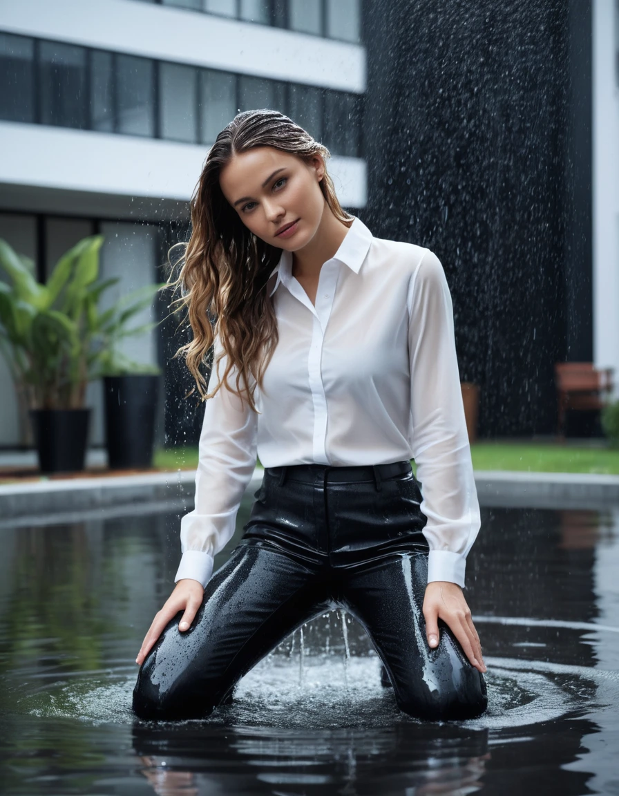 photo of young woman, in soaking wet, drenched clothes,
black pointed-toe leather pumps, soaked, water pooling inside, sheer charcoal grey tights, translucent from saturation, clinging to skin, crisp white silk button-down blouse, completely drenched, clinging to torso, modern apartment complex courtyard, wet concrete ground, rain falling, 
enjoying, wet clothes stuck to body,
detailed textures of the wet clothes, wet face, wet plastered hair,
wet, drenched, professional, high-quality details, full body view.
sharp focus, ultra-high pixel detail, realistic, high-quality, full colors, incredibly detailed, 4k, 8k, 16k, hyper-realistic, RAW photo, masterpiece, ultra-detailed, professionally color graded, professional photograph, hyper-realistic, high-speed photography, raindrops caught mid-air, fabric transparency, cinematic lighting, water droplets on skin, drenched hair, office attire, professional look, sharp focus, dry skin, dry clothes, dry fabric
