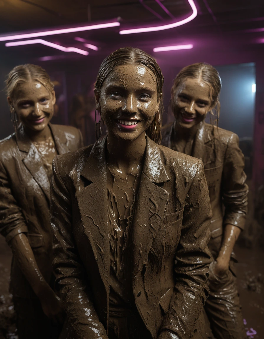 photo of young woman, in soaking wet, drenched clothes,
, Long very muddy suit pants, Full muddy ruined blazer like a fancy uniform over topless., Dark muddy indoor disco club at night. Deep mud on the floor, mud splashed walls, dripping mud from above, very dark mood lighting with pink and blue neon lights from above. Muddy chairs and sofas in the background. , 
enjoying, wet clothes stuck to body,
detailed textures of the wet clothes, wet face, wet plastered hair,
wet, drenched, professional, high-quality details, full body view.
sharp focus, ultra-high pixel detail, realistic, high-quality, full colors, incredibly detailed, 4k, 8k, 16k, hyper-realistic, RAW photo, masterpiece, ultra-detailed, professionally color graded, professional photograph, Three cute blonde 16 years old beautiful gleaming girls with childish appearance are wallowing together in the muddy pool after a full dip in it and holding a glass of juice in their hands during the crazy muddy indoor disco party at night and posing for a professional photo. They are proudly wearing their fully and heavily mud-covered suits. Every small details of the clothes are muddy, clean beautiful faces. Their blazer has the same colour as their muddy pants. The classy elegant disco club is totally destroyed by mud, mud spots everywhere, mud flows down on the walls, mud on the furnitures in the background. Straight muddy very long open wavy hairstyle, muddy hair, smiling childish and satisfied beautiful clean faces, blue eyes, earrings, lipstick. The girls are enjoying to being total muddy in the muddy pool while they are enjoying the muddy party. Photorealistic detailed smiling facial expressions. Full-body photo from front view, highly realistic representation, ultra sharp focus, highly photorealistic detailed textures, highly photorealistic detailed facial features and expressions, highly photorealistic hands, highly emotional reactions, highly best quality, highly sharp photorealistic image, highly photorealistic details, full UHD resolution, 32 K, very high level of detail and image sharpness, zoomed in