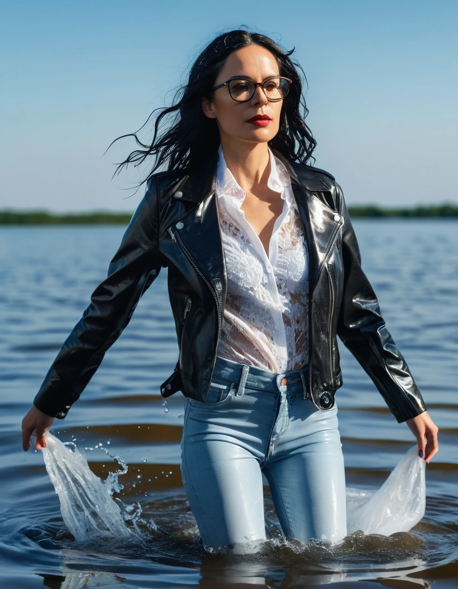 photo of young woman, in soaking wet, drenched clothes,
office shoes , long  light blue leather jeans, white silk lace shirt, black biker leather jacket, walking submerged in sunny deep lake, 
enjoying, wet clothes stuck to body,
detailed textures of the wet clothes, wet face, wet plastered hair,
wet, drenched, professional, high-quality details, full body view.
sharp focus, ultra-high pixel detail, realistic, high-quality, full colors, incredibly detailed, 4k, 8k, 16k, hyper-realistic, RAW photo, masterpiece, ultra-detailed, professionally color graded, professional photograph, woman 51 years old, long black hair, very big and thick lips, office glasses, complete body, open mouth