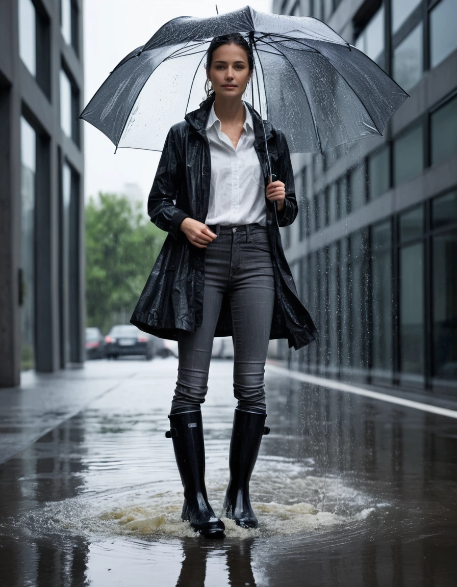 photo of young woman, in soaking wet, drenched clothes,
black rubber rain boots, water puddles inside, charcoal grey skinny jeans, heavily saturated and clinging to skin, white button-down shirt, soaked through, translucent fabric cling, glass lobby entrance of an office building, concrete steps, heavy rain, 
enjoying, wet clothes stuck to body,
detailed textures of the wet clothes, wet face, wet plastered hair,
wet, drenched, professional, high-quality details, full body view.
sharp focus, ultra-high pixel detail, realistic, high-quality, full colors, incredibly detailed, 4k, 8k, 16k, hyper-realistic, RAW photo, masterpiece, ultra-detailed, professionally color graded, professional photograph, heavy downpour, wind-blown rain streaks, dramatic chiaroscuro lighting, cinematic street photography, hyper-realistic water droplets, fabric texture detail, 85mm lens, dry skin, dry clothes, dry fabric