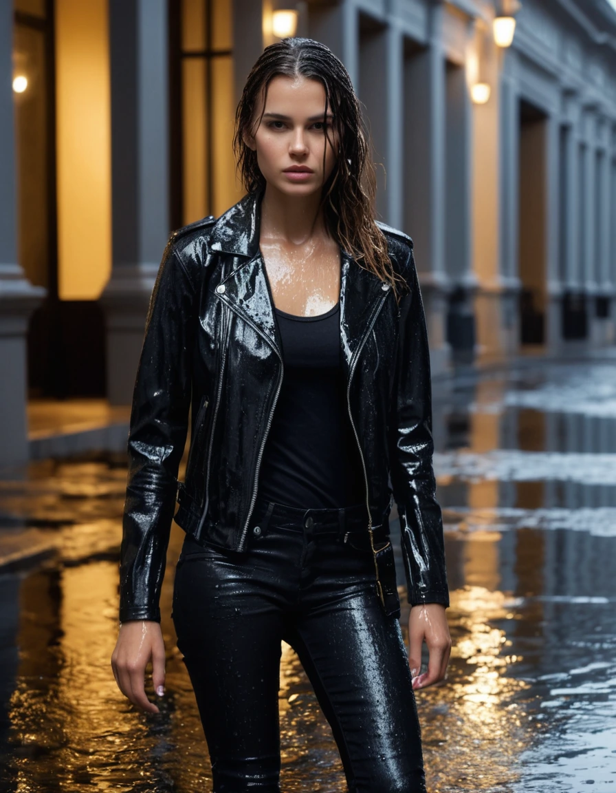 photo of young woman, in soaking wet, drenched clothes,
Black leather ankle boots, soaked and glistening, skin tight black leather jeans, saturated , black long sleeve leather shirt, black bikers leather jacket, Upscale hotel driveway under warm golden portico lighting, 
enjoying, wet clothes stuck to body,
detailed textures of the wet clothes, wet face, wet plastered hair,
wet, drenched, professional, high-quality details, full body view.
sharp focus, ultra-high pixel detail, realistic, high-quality, full colors, incredibly detailed, 4k, 8k, 16k, hyper-realistic, RAW photo, masterpiece, ultra-detailed, professionally color graded, professional photograph, Cinematic atmosphere, torrential rain streaks, water pooling on asphalt, sharp reflections, high contrast, dramatic shadows, hyper-realistic wet fabric textures, 8k resolution., dry skin, dry clothes, dry fabric