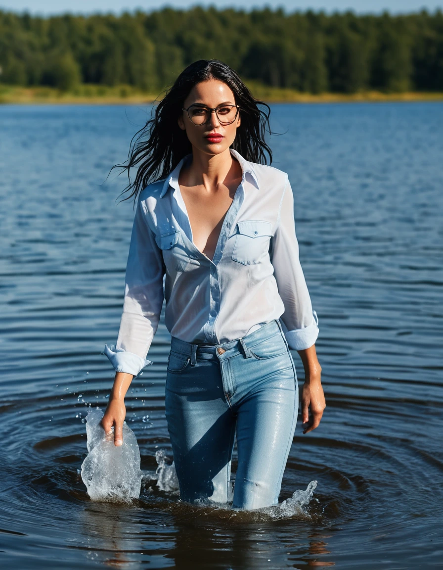 photo of young woman, in soaking wet, drenched clothes,
office shoes , long light blue leather jeans, white tank top with short sleeves, unbuttoned light blue denim shirt with long sleeves, walking submerged in sunny deep lake, 
enjoying, wet clothes stuck to body,
detailed textures of the wet clothes, wet face, wet plastered hair,
wet, drenched, professional, high-quality details, full body view.
sharp focus, ultra-high pixel detail, realistic, high-quality, full colors, incredibly detailed, 4k, 8k, 16k, hyper-realistic, RAW photo, masterpiece, ultra-detailed, professionally color graded, professional photograph, woman 51 years old, long black hair, very big and thick lips, office glasses, complete body, open mouth