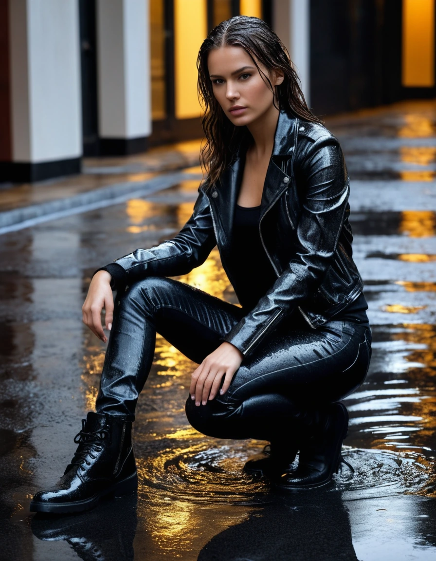 photo of young woman, in soaking wet, drenched clothes,
Black leather ankle boots, soaked and glistening, skin tight black leather jeans, saturated , black long sleeve leather shirt, black bikers leather jacket, Upscale hotel driveway under warm golden portico lighting, 
enjoying, wet clothes stuck to body,
detailed textures of the wet clothes, wet face, wet plastered hair,
wet, drenched, professional, high-quality details, full body view.
sharp focus, ultra-high pixel detail, realistic, high-quality, full colors, incredibly detailed, 4k, 8k, 16k, hyper-realistic, RAW photo, masterpiece, ultra-detailed, professionally color graded, professional photograph, Cinematic atmosphere, torrential rain streaks, water pooling on asphalt, sharp reflections, high contrast, dramatic shadows, hyper-realistic wet fabric textures, 8k resolution., dry skin, dry clothes, dry fabric