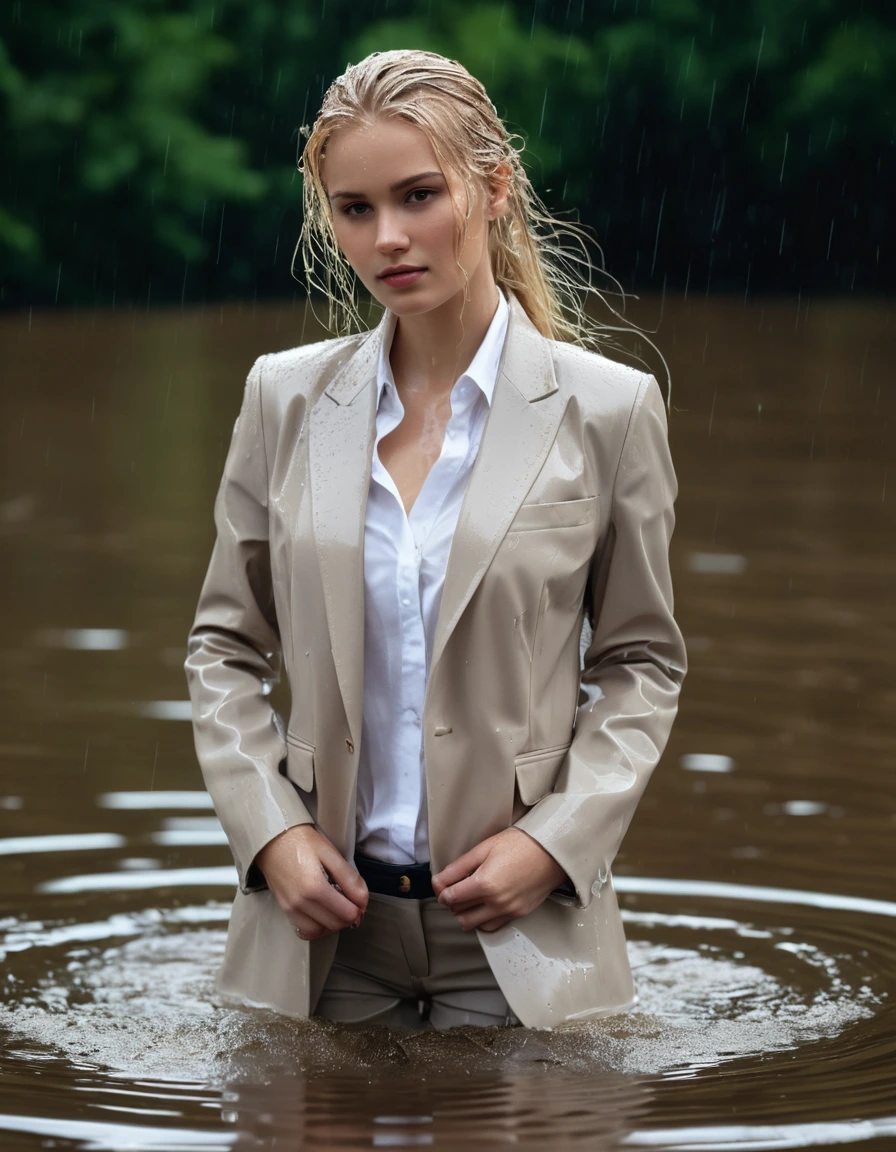 photo of young woman, in soaking wet, drenched clothes,
Beige Long Business Trouser, Beige Business Suit Jacket with white button down business shirt longsleeve, Clear Mountain lake with heavy rain, 
enjoying, wet clothes stuck to body,
detailed textures of the wet clothes, wet face, wet plastered hair,
wet, drenched, professional, high-quality details, full body view.
sharp focus, ultra-high pixel detail, realistic, high-quality, full colors, incredibly detailed, 4k, 8k, 16k, hyper-realistic, RAW photo, masterpiece, ultra-detailed, professionally color graded, professional photograph, young elegant beautiful white Blonde women, breast deep submerged, under a big rainshower, fully clothed, completely soaked, fully drenched, completely wet, wetlook, heavy rain, side parting, long hair, rain storm, looks confidently into camera, dry skin, dry clothes, dry fabric