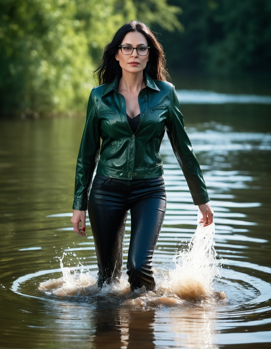 photo of young woman, in soaking wet, drenched clothes,
office shoes , long black leather jeans, dark green silk lace shirt, black biker leather jacket, walking submerged in sunny deep lake, 
enjoying, wet clothes stuck to body,
detailed textures of the wet clothes, wet face, wet plastered hair,
wet, drenched, professional, high-quality details, full body view.
sharp focus, ultra-high pixel detail, realistic, high-quality, full colors, incredibly detailed, 4k, 8k, 16k, hyper-realistic, RAW photo, masterpiece, ultra-detailed, professionally color graded, professional photograph, woman 51 years old, long black hair, very big and thick lips, office glasses, complete body, open mouth