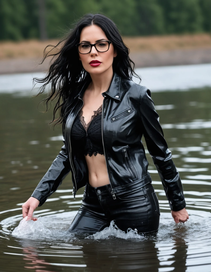 photo of young woman, in soaking wet, drenched clothes,
office shoes , long black leather jeans, black silk lace shirt, black biker leather jacket, walking submerged in sunny deep lake, 
enjoying, wet clothes stuck to body,
detailed textures of the wet clothes, wet face, wet plastered hair,
wet, drenched, professional, high-quality details, full body view.
sharp focus, ultra-high pixel detail, realistic, high-quality, full colors, incredibly detailed, 4k, 8k, 16k, hyper-realistic, RAW photo, masterpiece, ultra-detailed, professionally color graded, professional photograph, woman 51 years old, long black hair, very big and thick lips, office glasses, complete body, open mouth