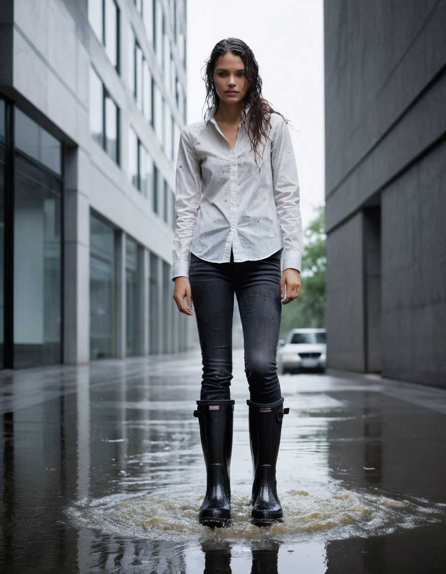 photo of young woman, in soaking wet, drenched clothes,
black rubber rain boots, water puddles inside, charcoal grey skinny jeans, heavily saturated and clinging to skin, white button-down shirt, soaked through, translucent fabric cling, glass lobby entrance of an office building, concrete steps, 
enjoying, wet clothes stuck to body,
detailed textures of the wet clothes, wet face, wet plastered hair,
wet, drenched, professional, high-quality details, full body view.
sharp focus, ultra-high pixel detail, realistic, high-quality, full colors, incredibly detailed, 4k, 8k, 16k, hyper-realistic, RAW photo, masterpiece, ultra-detailed, professionally color graded, professional photograph, heavy downpour, wind-blown rain streaks, dramatic chiaroscuro lighting, cinematic street photography, hyper-realistic water droplets, fabric texture detail, 85mm lens, dry skin, dry clothes, dry fabric