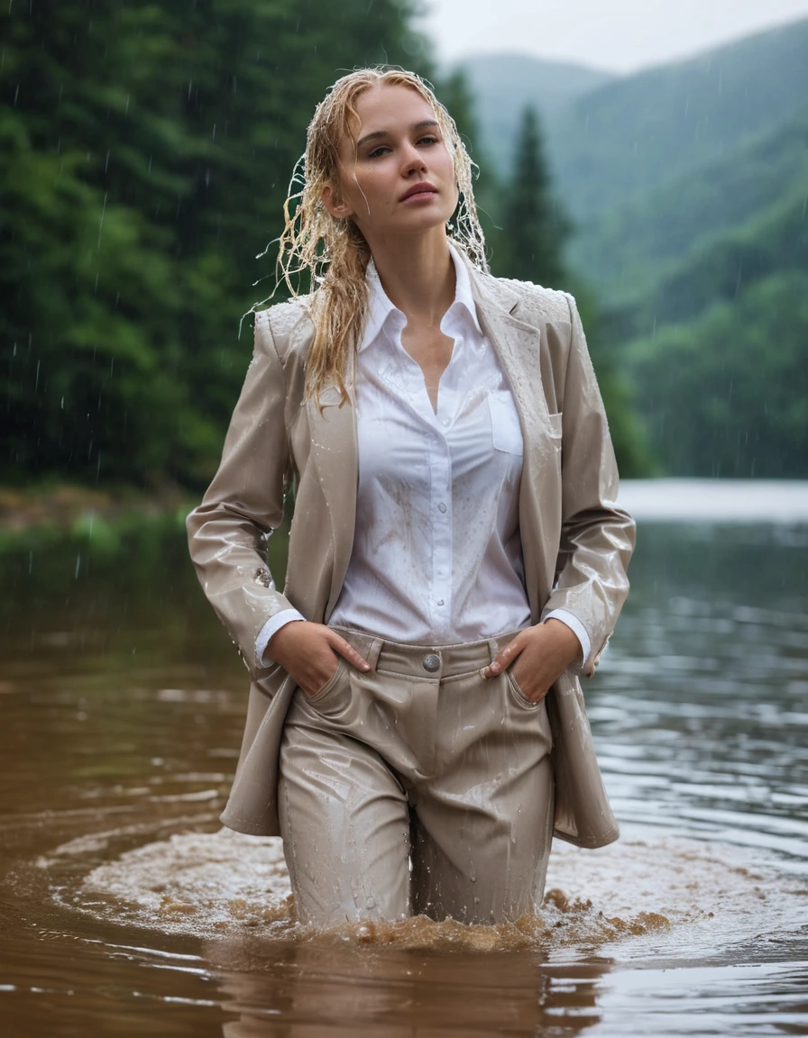 photo of young woman, in soaking wet, drenched clothes,
Beige Long Business Trouser, Beige Business Suit Jacket with white button down business shirt longsleeve, Clear Mountain lake with heavy rain, 
enjoying, wet clothes stuck to body,
detailed textures of the wet clothes, wet face, wet plastered hair,
wet, drenched, professional, high-quality details, full body view.
sharp focus, ultra-high pixel detail, realistic, high-quality, full colors, incredibly detailed, 4k, 8k, 16k, hyper-realistic, RAW photo, masterpiece, ultra-detailed, professionally color graded, professional photograph, young elegant beautiful white Blonde women, breast deep submerged, under a big rainshower, fully clothed, completely soaked, fully drenched, completely wet, wetlook, heavy rain, side parting, long hair, rain storm, looks confidently into camera, dry skin, dry clothes, dry fabric