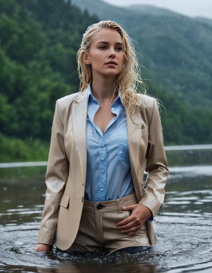 photo of young woman, in soaking wet, drenched clothes,
Beige Long Business Trouser, Beige Business Suit Jacket with light blue button down business shirt longsleeve, Clear Mountain lake with heavy rain, 
enjoying, wet clothes stuck to body,
detailed textures of the wet clothes, wet face, wet plastered hair,
wet, drenched, professional, high-quality details, full body view.
sharp focus, ultra-high pixel detail, realistic, high-quality, full colors, incredibly detailed, 4k, 8k, 16k, hyper-realistic, RAW photo, masterpiece, ultra-detailed, professionally color graded, professional photograph, young elegant beautiful white Blonde women, breast deep submerged, under a big rainshower, fully clothed, completely soaked, fully drenched, completely wet, wetlook, heavy rain, side parting, long hair, rain storm, looks confidently into camera, dry skin, dry clothes, dry fabric