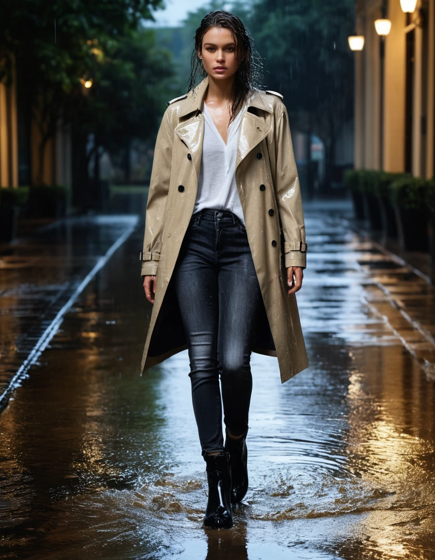 photo of young woman, in soaking wet, drenched clothes,
Black leather ankle boots, soaked and glistening, Dark wash skinny jeans, heavily saturated and clinging to skin, Oversized beige trench coat, dripping wet and darkened by rain, Upscale hotel driveway under warm golden portico lighting, 
enjoying, wet clothes stuck to body,
detailed textures of the wet clothes, wet face, wet plastered hair,
wet, drenched, professional, high-quality details, full body view.
sharp focus, ultra-high pixel detail, realistic, high-quality, full colors, incredibly detailed, 4k, 8k, 16k, hyper-realistic, RAW photo, masterpiece, ultra-detailed, professionally color graded, professional photograph, Cinematic atmosphere, torrential rain streaks, water pooling on asphalt, sharp reflections, high contrast, dramatic shadows, hyper-realistic wet fabric textures, 8k resolution., dry skin, dry clothes, dry fabric