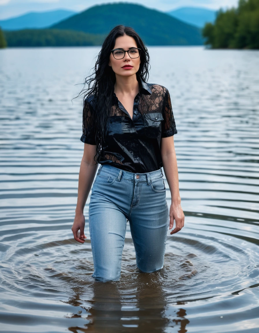 photo of young woman, in soaking wet, drenched clothes,
office shoes , long light blue leather jeans, black lace top with short sleeves, walking submerged in sunny deep lake, 
enjoying, wet clothes stuck to body,
detailed textures of the wet clothes, wet face, wet plastered hair,
wet, drenched, professional, high-quality details, full body view.
sharp focus, ultra-high pixel detail, realistic, high-quality, full colors, incredibly detailed, 4k, 8k, 16k, hyper-realistic, RAW photo, masterpiece, ultra-detailed, professionally color graded, professional photograph, woman 51 years old, long black hair, very big and thick lips, office glasses, complete body, open mouth