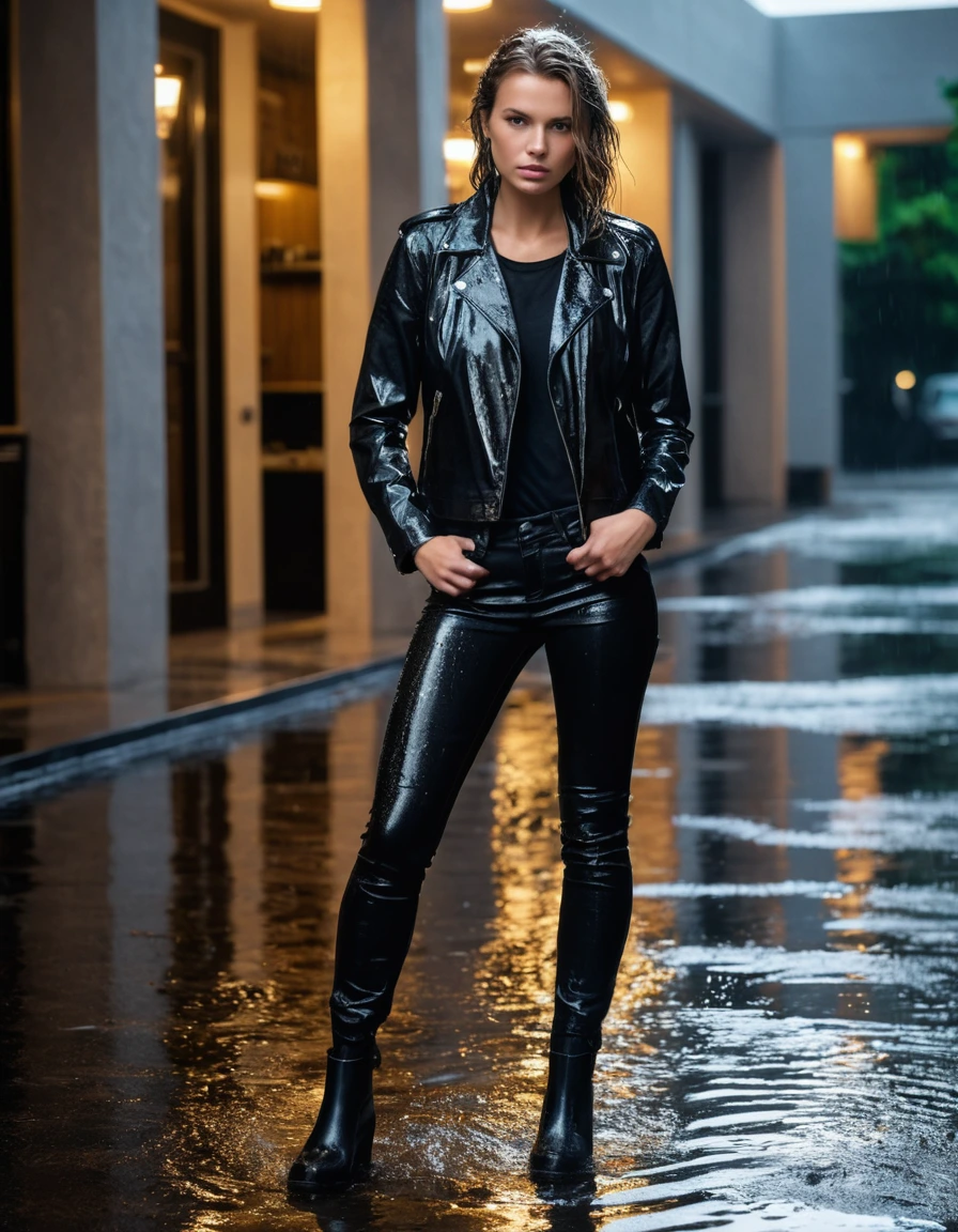 photo of young woman, in soaking wet, drenched clothes,
Black leather ankle boots, soaked and glistening, skin tight black leather jeans, saturated , black long sleeve leather shirt, black bikers leather jacket, Upscale hotel driveway under warm golden portico lighting, 
enjoying, wet clothes stuck to body,
detailed textures of the wet clothes, wet face, wet plastered hair,
wet, drenched, professional, high-quality details, full body view.
sharp focus, ultra-high pixel detail, realistic, high-quality, full colors, incredibly detailed, 4k, 8k, 16k, hyper-realistic, RAW photo, masterpiece, ultra-detailed, professionally color graded, professional photograph, Cinematic atmosphere, torrential rain streaks, water pooling on asphalt, sharp reflections, high contrast, dramatic shadows, hyper-realistic wet fabric textures, 8k resolution., dry skin, dry clothes, dry fabric