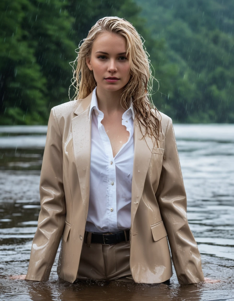 photo of young woman, in soaking wet, drenched clothes,
Beige Long Business Trouser, Beige Business Suit Jacket with white button down business shirt longsleeve, Clear Mountain lake with heavy rain, 
enjoying, wet clothes stuck to body,
detailed textures of the wet clothes, wet face, wet plastered hair,
wet, drenched, professional, high-quality details, full body view.
sharp focus, ultra-high pixel detail, realistic, high-quality, full colors, incredibly detailed, 4k, 8k, 16k, hyper-realistic, RAW photo, masterpiece, ultra-detailed, professionally color graded, professional photograph, young elegant beautiful white Blonde women, breast deep submerged, under a big rainshower, fully clothed, completely soaked, fully drenched, completely wet, wetlook, heavy rain, side parting, long hair, rain storm, looks confidently into camera, dry skin, dry clothes, dry fabric