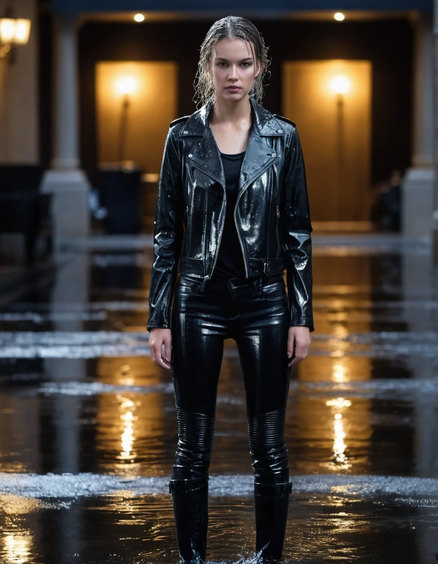 photo of young woman, in soaking wet, drenched clothes,
Black leather ankle boots, soaked and glistening, skin tight black leather jeans, saturated , black long sleeve leather shirt, black bikers leather jacket, Upscale hotel driveway under warm golden portico lighting, 
enjoying, wet clothes stuck to body,
detailed textures of the wet clothes, wet face, wet plastered hair,
wet, drenched, professional, high-quality details, full body view.
sharp focus, ultra-high pixel detail, realistic, high-quality, full colors, incredibly detailed, 4k, 8k, 16k, hyper-realistic, RAW photo, masterpiece, ultra-detailed, professionally color graded, professional photograph, Cinematic atmosphere, torrential rain streaks, water pooling on asphalt, sharp reflections, high contrast, dramatic shadows, hyper-realistic wet fabric textures, 8k resolution., dry skin, dry clothes, dry fabric
