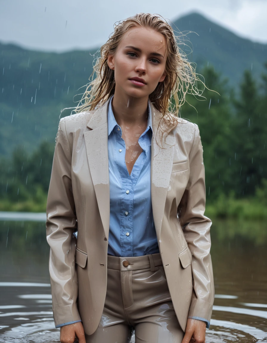 photo of young woman, in soaking wet, drenched clothes,
Beige Long Business Trouser, Beige Business Suit Jacket with light blue button down business shirt longsleeve, Clear Mountain lake with heavy rain, 
enjoying, wet clothes stuck to body,
detailed textures of the wet clothes, wet face, wet plastered hair,
wet, drenched, professional, high-quality details, full body view.
sharp focus, ultra-high pixel detail, realistic, high-quality, full colors, incredibly detailed, 4k, 8k, 16k, hyper-realistic, RAW photo, masterpiece, ultra-detailed, professionally color graded, professional photograph, young elegant beautiful white Blonde women, breast deep submerged, under a big rainshower, fully clothed, completely soaked, fully drenched, completely wet, wetlook, heavy rain, side parting, long hair, rain storm, looks confidently into camera, dry skin, dry clothes, dry fabric