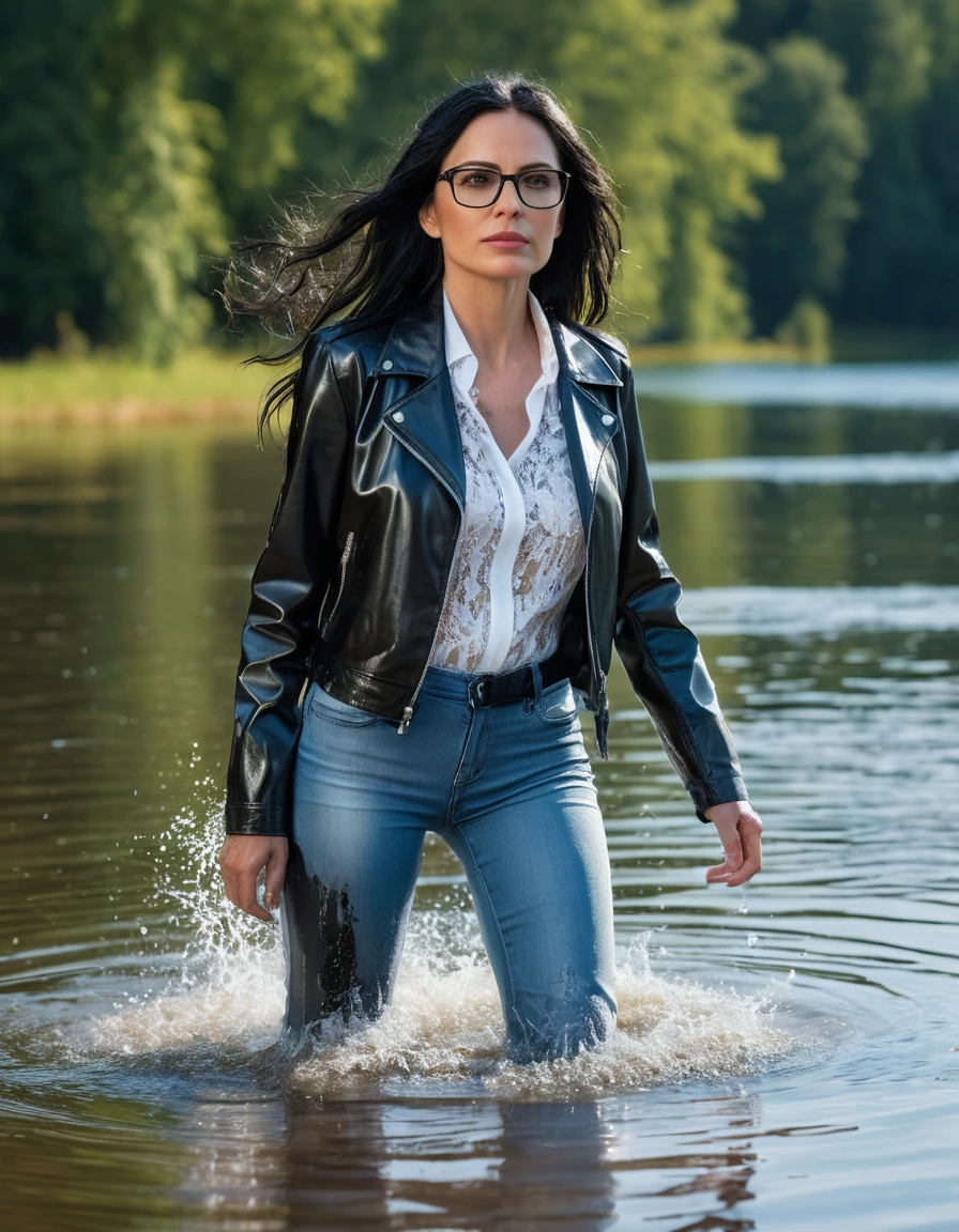 photo of young woman, in soaking wet, drenched clothes,
office shoes , long  light blue leather jeans, white silk lace shirt, black biker leather jacket, walking submerged in sunny deep lake, 
enjoying, wet clothes stuck to body,
detailed textures of the wet clothes, wet face, wet plastered hair,
wet, drenched, professional, high-quality details, full body view.
sharp focus, ultra-high pixel detail, realistic, high-quality, full colors, incredibly detailed, 4k, 8k, 16k, hyper-realistic, RAW photo, masterpiece, ultra-detailed, professionally color graded, professional photograph, woman 51 years old, long black hair, very big and thick lips, office glasses, complete body, open mouth