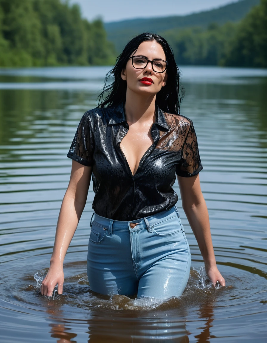 photo of young woman, in soaking wet, drenched clothes,
office shoes , long light blue leather jeans, black lace top with short sleeves, walking submerged in sunny deep lake, 
enjoying, wet clothes stuck to body,
detailed textures of the wet clothes, wet face, wet plastered hair,
wet, drenched, professional, high-quality details, full body view.
sharp focus, ultra-high pixel detail, realistic, high-quality, full colors, incredibly detailed, 4k, 8k, 16k, hyper-realistic, RAW photo, masterpiece, ultra-detailed, professionally color graded, professional photograph, woman 51 years old, long black hair, very big and thick lips, office glasses, complete body, open mouth