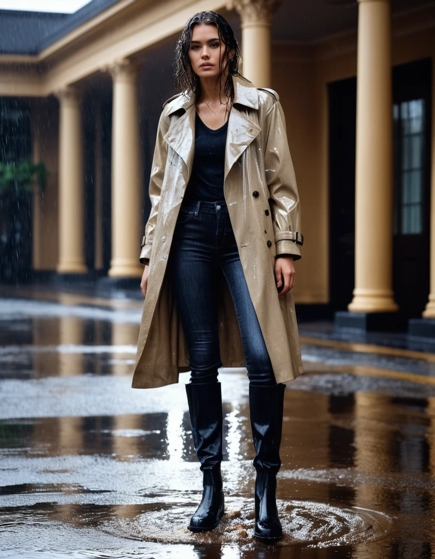 photo of young woman, in soaking wet, drenched clothes,
Black leather ankle boots, soaked and glistening, Dark wash skinny jeans, heavily saturated and clinging to skin, Oversized beige trench coat, dripping wet and darkened by rain, Upscale hotel driveway under warm golden portico lighting, 
enjoying, wet clothes stuck to body,
detailed textures of the wet clothes, wet face, wet plastered hair,
wet, drenched, professional, high-quality details, full body view.
sharp focus, ultra-high pixel detail, realistic, high-quality, full colors, incredibly detailed, 4k, 8k, 16k, hyper-realistic, RAW photo, masterpiece, ultra-detailed, professionally color graded, professional photograph, Cinematic atmosphere, torrential rain streaks, water pooling on asphalt, sharp reflections, high contrast, dramatic shadows, hyper-realistic wet fabric textures, 8k resolution., dry skin, dry clothes, dry fabric