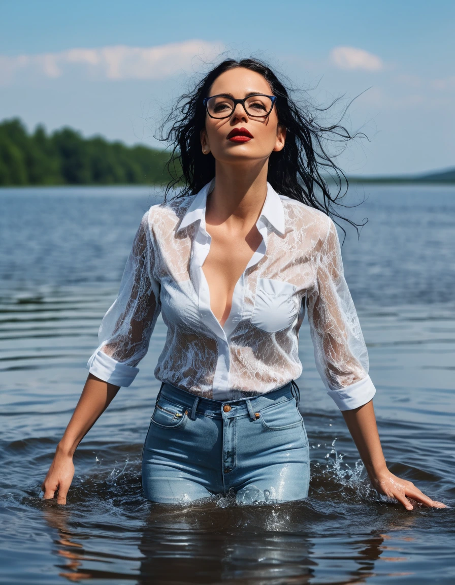 photo of young woman, in soaking wet, drenched clothes,
office shoes , long light blue leather jeans, white lace top with short sleeves, walking submerged in sunny deep lake, 
enjoying, wet clothes stuck to body,
detailed textures of the wet clothes, wet face, wet plastered hair,
wet, drenched, professional, high-quality details, full body view.
sharp focus, ultra-high pixel detail, realistic, high-quality, full colors, incredibly detailed, 4k, 8k, 16k, hyper-realistic, RAW photo, masterpiece, ultra-detailed, professionally color graded, professional photograph, woman 51 years old, long black hair, very big and thick lips, office glasses, complete body, open mouth