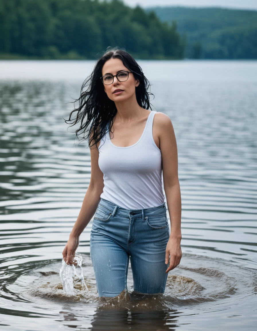 photo of young woman, in soaking wet, drenched clothes,
office shoes , long light blue leather jeans, white tank top with short sleeves, walking submerged in sunny deep lake, 
enjoying, wet clothes stuck to body,
detailed textures of the wet clothes, wet face, wet plastered hair,
wet, drenched, professional, high-quality details, full body view.
sharp focus, ultra-high pixel detail, realistic, high-quality, full colors, incredibly detailed, 4k, 8k, 16k, hyper-realistic, RAW photo, masterpiece, ultra-detailed, professionally color graded, professional photograph, woman 51 years old, long black hair, very big and thick lips, office glasses, complete body, open mouth