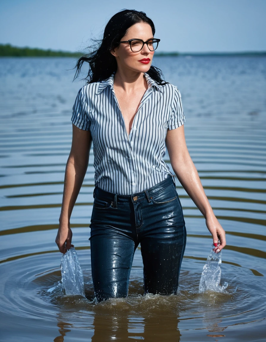 photo of young woman, in soaking wet, drenched clothes,
office shoes , long blue leather jeans, black and white striped top with short sleeves, walking submerged in sunny deep lake, 
enjoying, wet clothes stuck to body,
detailed textures of the wet clothes, wet face, wet plastered hair,
wet, drenched, professional, high-quality details, full body view.
sharp focus, ultra-high pixel detail, realistic, high-quality, full colors, incredibly detailed, 4k, 8k, 16k, hyper-realistic, RAW photo, masterpiece, ultra-detailed, professionally color graded, professional photograph, woman 51 years old, long black hair, very big and thick lips, office glasses, complete body, open mouth