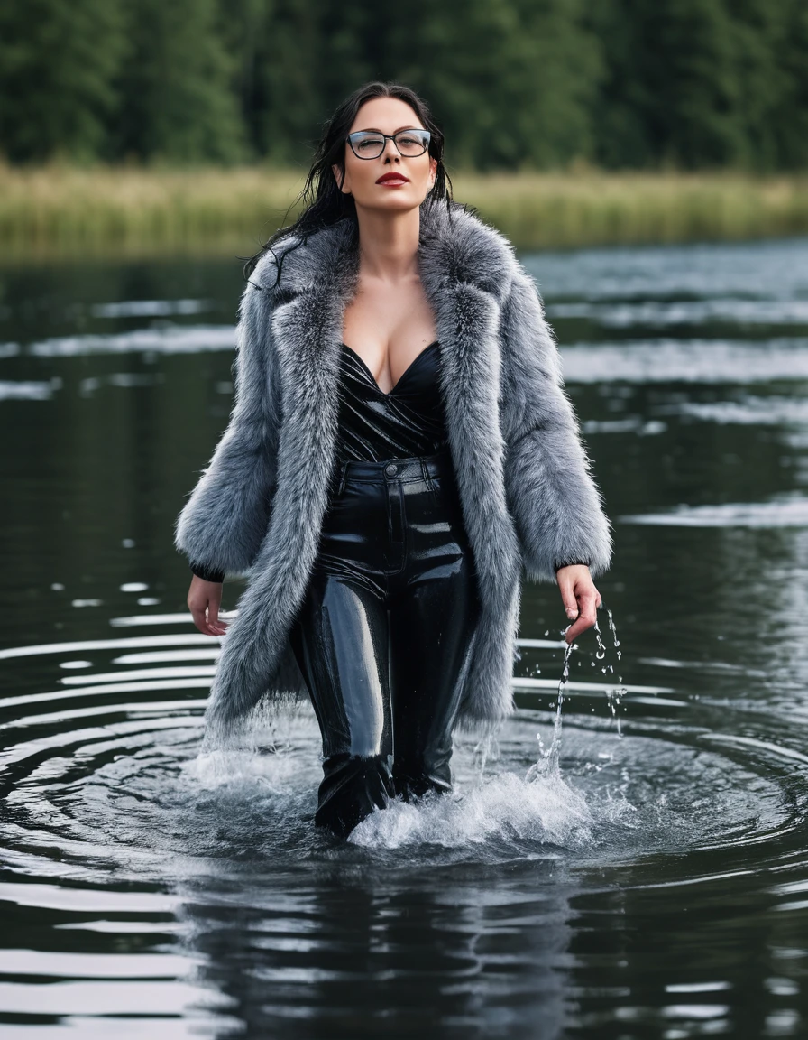 photo of young woman, in soaking wet, drenched clothes,
office shoes , long black latex jeans, maxi gray fur coat, walking submerged in sunny deep lake, 
enjoying, wet clothes stuck to body,
detailed textures of the wet clothes, wet face, wet plastered hair,
wet, drenched, professional, high-quality details, full body view.
sharp focus, ultra-high pixel detail, realistic, high-quality, full colors, incredibly detailed, 4k, 8k, 16k, hyper-realistic, RAW photo, masterpiece, ultra-detailed, professionally color graded, professional photograph, woman 51 years old, long black hair, very big and thick lips, office glasses, complete body, open mouth