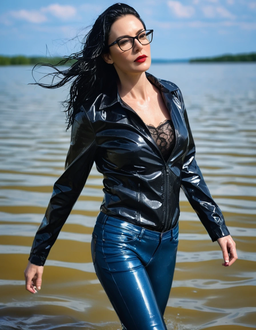 photo of young woman, in soaking wet, drenched clothes,
office shoes , long blue latex jeans, black silk lace shirt, black biker latex jacket, walking submerged in sunny deep lake, 
enjoying, wet clothes stuck to body,
detailed textures of the wet clothes, wet face, wet plastered hair,
wet, drenched, professional, high-quality details, full body view.
sharp focus, ultra-high pixel detail, realistic, high-quality, full colors, incredibly detailed, 4k, 8k, 16k, hyper-realistic, RAW photo, masterpiece, ultra-detailed, professionally color graded, professional photograph, woman 51 years old, long black hair, very big and thick lips, office glasses, complete body, open mouth