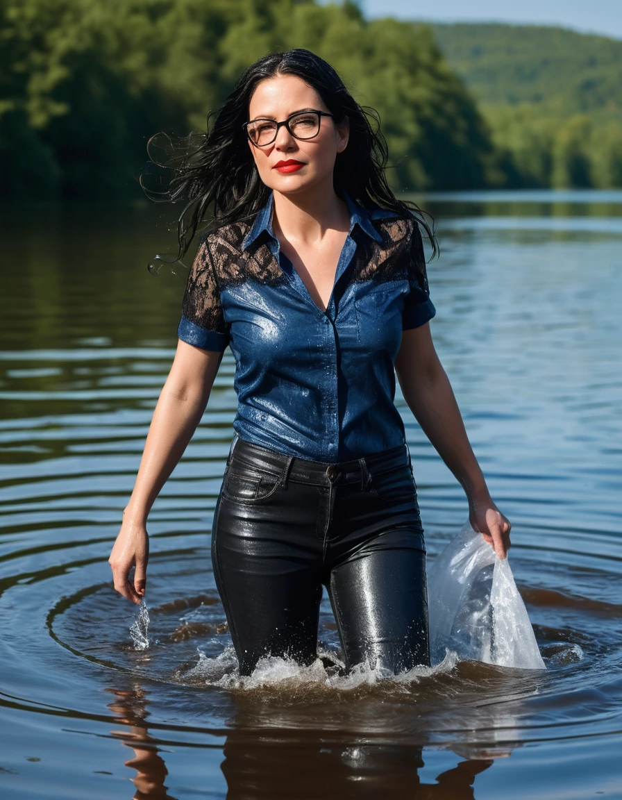 photo of young woman, in soaking wet, drenched clothes,
office shoes , long blue leather jeans, black lace top with short sleeves, walking submerged in sunny deep lake, 
enjoying, wet clothes stuck to body,
detailed textures of the wet clothes, wet face, wet plastered hair,
wet, drenched, professional, high-quality details, full body view.
sharp focus, ultra-high pixel detail, realistic, high-quality, full colors, incredibly detailed, 4k, 8k, 16k, hyper-realistic, RAW photo, masterpiece, ultra-detailed, professionally color graded, professional photograph, woman 51 years old, long black hair, very big and thick lips, office glasses, complete body, open mouth
