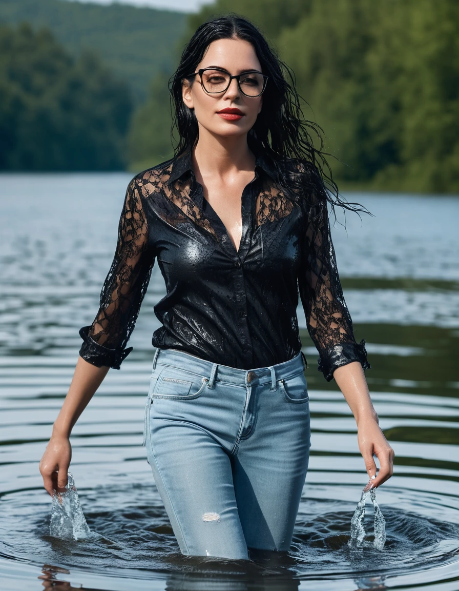 photo of young woman, in soaking wet, drenched clothes,
office shoes , long light blue leather jeans, black lace top with short sleeves, walking submerged in sunny deep lake, 
enjoying, wet clothes stuck to body,
detailed textures of the wet clothes, wet face, wet plastered hair,
wet, drenched, professional, high-quality details, full body view.
sharp focus, ultra-high pixel detail, realistic, high-quality, full colors, incredibly detailed, 4k, 8k, 16k, hyper-realistic, RAW photo, masterpiece, ultra-detailed, professionally color graded, professional photograph, woman 51 years old, long black hair, very big and thick lips, office glasses, complete body, open mouth