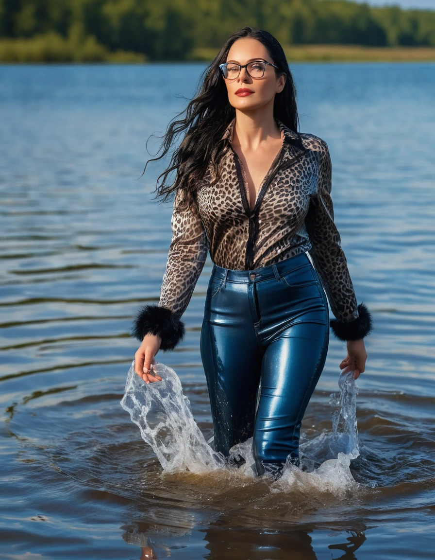 photo of young woman, in soaking wet, drenched clothes,
office shoes , long blue latex jeans, black silk lace shirt, maxi leopard printed fur gray coat, walking submerged in sunny deep lake, 
enjoying, wet clothes stuck to body,
detailed textures of the wet clothes, wet face, wet plastered hair,
wet, drenched, professional, high-quality details, full body view.
sharp focus, ultra-high pixel detail, realistic, high-quality, full colors, incredibly detailed, 4k, 8k, 16k, hyper-realistic, RAW photo, masterpiece, ultra-detailed, professionally color graded, professional photograph, woman 51 years old, long black hair, very big and thick lips, office glasses, complete body, open mouth