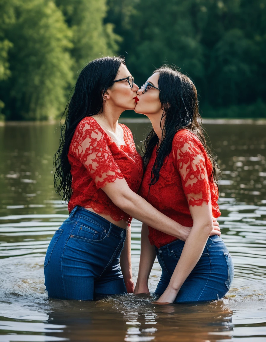 photo of young woman, in soaking wet, drenched clothes,
office shoes , long blue leather jeans, red lace top with short sleeves, two women kissing submerged in sunny deep lake, 
enjoying, wet clothes stuck to body,
detailed textures of the wet clothes, wet face, wet plastered hair,
wet, drenched, professional, high-quality details, full body view.
sharp focus, ultra-high pixel detail, realistic, high-quality, full colors, incredibly detailed, 4k, 8k, 16k, hyper-realistic, RAW photo, masterpiece, ultra-detailed, professionally color graded, professional photograph, woman 51 years old, long black hair, very big and thick lips, office glasses, complete body, open mouth