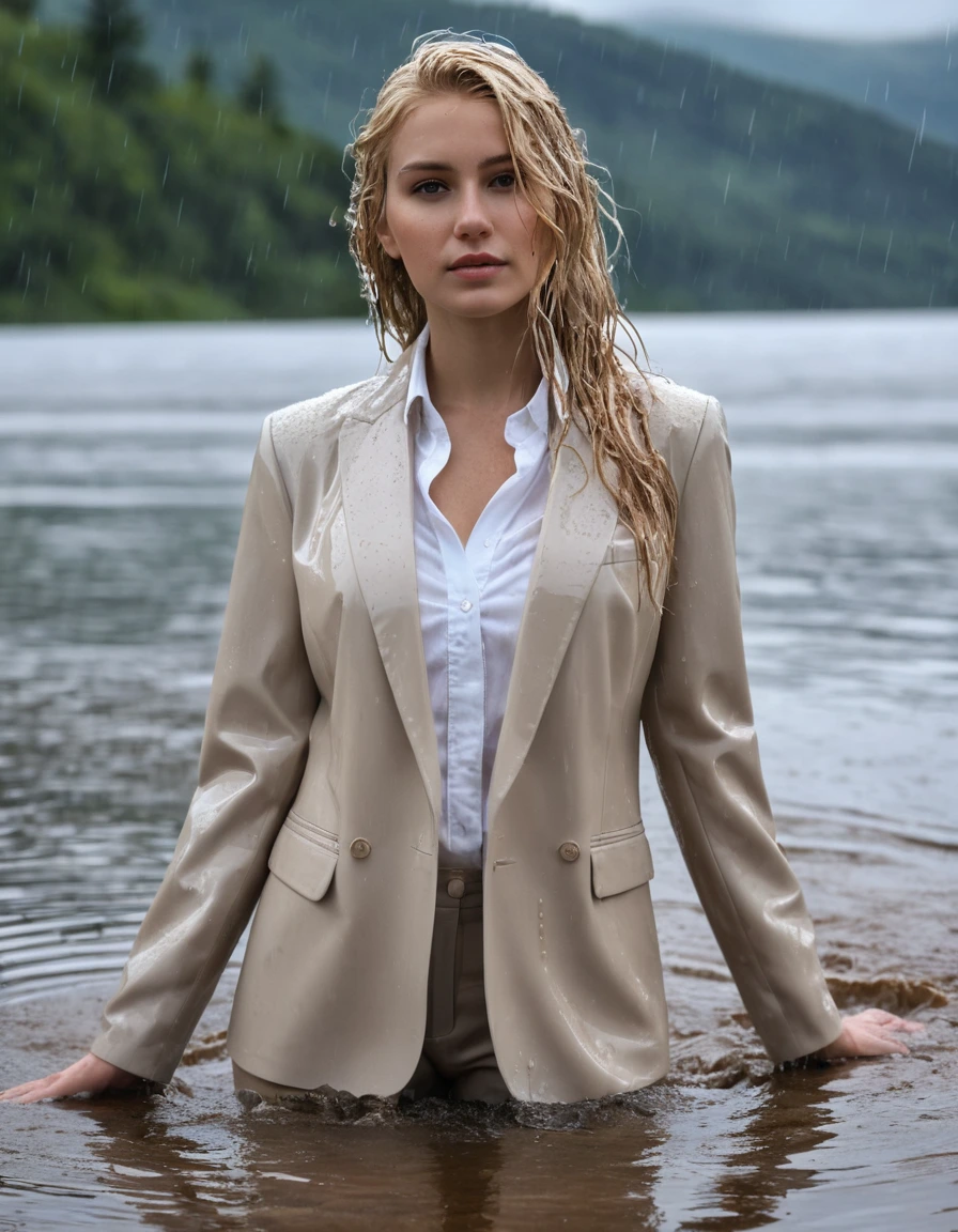photo of young woman, in soaking wet, drenched clothes,
Beige Long Business Trouser, Beige Business Suit Jacket with white button down business shirt longsleeve, Clear Mountain lake with heavy rain, 
enjoying, wet clothes stuck to body,
detailed textures of the wet clothes, wet face, wet plastered hair,
wet, drenched, professional, high-quality details, full body view.
sharp focus, ultra-high pixel detail, realistic, high-quality, full colors, incredibly detailed, 4k, 8k, 16k, hyper-realistic, RAW photo, masterpiece, ultra-detailed, professionally color graded, professional photograph, young elegant beautiful white Blonde women, breast deep submerged, under a big rainshower, fully clothed, completely soaked, fully drenched, completely wet, wetlook, heavy rain, side parting, long hair, rain storm, looks confidently into camera, dry skin, dry clothes, dry fabric