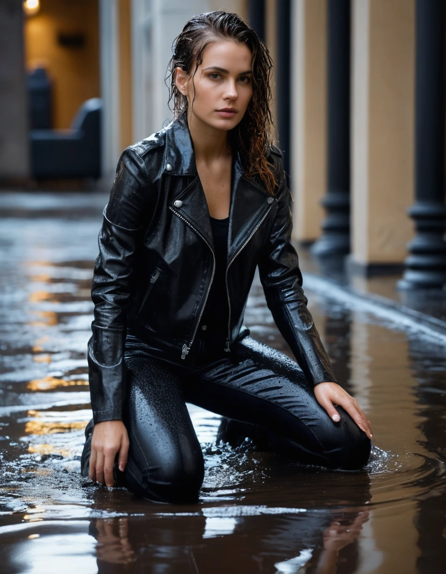 photo of young woman, in soaking wet, drenched clothes,
Black leather ankle boots, soaked and glistening, skin tight black leather jeans, saturated , black long sleeve leather shirt, black bikers leather jacket, Upscale hotel driveway under warm golden portico lighting, 
enjoying, wet clothes stuck to body,
detailed textures of the wet clothes, wet face, wet plastered hair,
wet, drenched, professional, high-quality details, full body view.
sharp focus, ultra-high pixel detail, realistic, high-quality, full colors, incredibly detailed, 4k, 8k, 16k, hyper-realistic, RAW photo, masterpiece, ultra-detailed, professionally color graded, professional photograph, Cinematic atmosphere, torrential rain streaks, water pooling on asphalt, sharp reflections, high contrast, dramatic shadows, hyper-realistic wet fabric textures, 8k resolution., dry skin, dry clothes, dry fabric
