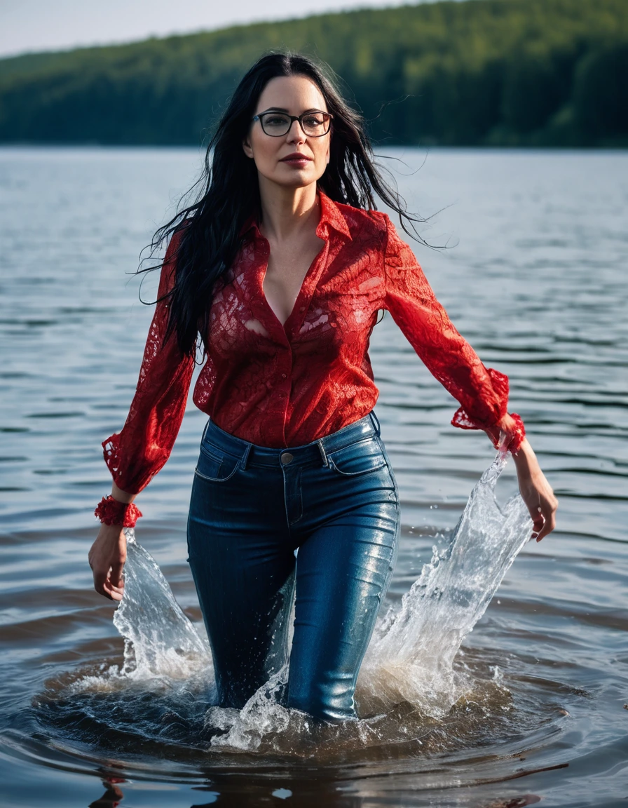 photo of young woman, in soaking wet, drenched clothes,
office shoes , long blue leather jeans, red lace top with short sleeves, walking submerged in sunny deep lake, 
enjoying, wet clothes stuck to body,
detailed textures of the wet clothes, wet face, wet plastered hair,
wet, drenched, professional, high-quality details, full body view.
sharp focus, ultra-high pixel detail, realistic, high-quality, full colors, incredibly detailed, 4k, 8k, 16k, hyper-realistic, RAW photo, masterpiece, ultra-detailed, professionally color graded, professional photograph, woman 51 years old, long black hair, very big and thick lips, office glasses, complete body, open mouth