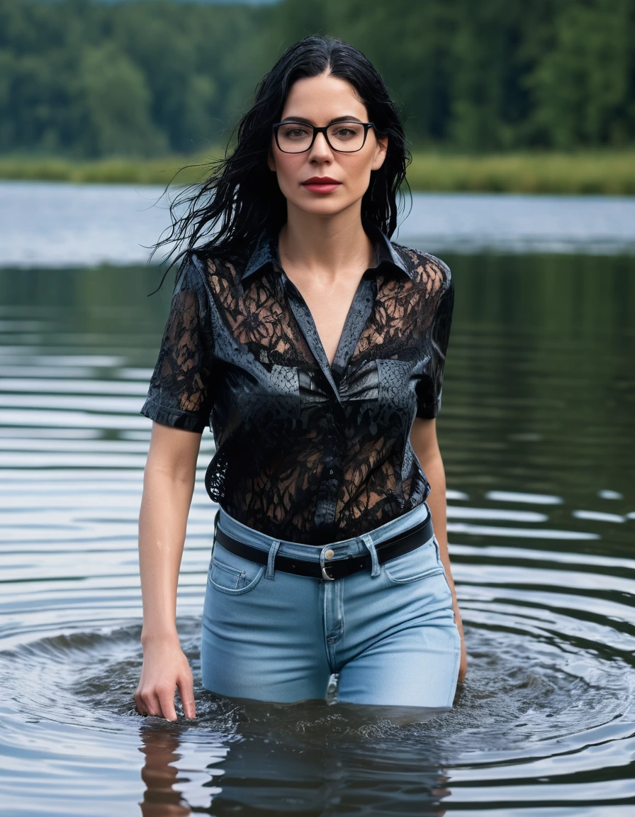 photo of young woman, in soaking wet, drenched clothes,
office shoes , long light blue leather jeans, black lace top with short sleeves, walking submerged in sunny deep lake, 
enjoying, wet clothes stuck to body,
detailed textures of the wet clothes, wet face, wet plastered hair,
wet, drenched, professional, high-quality details, full body view.
sharp focus, ultra-high pixel detail, realistic, high-quality, full colors, incredibly detailed, 4k, 8k, 16k, hyper-realistic, RAW photo, masterpiece, ultra-detailed, professionally color graded, professional photograph, woman 51 years old, long black hair, very big and thick lips, office glasses, complete body, open mouth