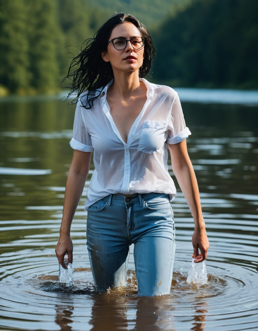 photo of young woman, in soaking wet, drenched clothes,
office shoes , long light blue leather jeans, white tank top with short sleeves, walking submerged in sunny deep lake, 
enjoying, wet clothes stuck to body,
detailed textures of the wet clothes, wet face, wet plastered hair,
wet, drenched, professional, high-quality details, full body view.
sharp focus, ultra-high pixel detail, realistic, high-quality, full colors, incredibly detailed, 4k, 8k, 16k, hyper-realistic, RAW photo, masterpiece, ultra-detailed, professionally color graded, professional photograph, woman 51 years old, long black hair, very big and thick lips, office glasses, complete body, open mouth