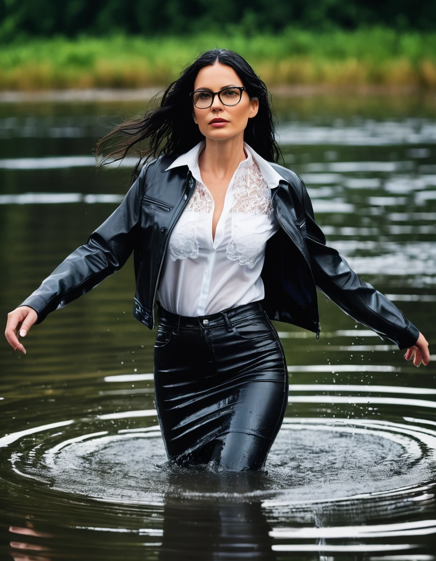 photo of young woman, in soaking wet, drenched clothes,
office shoes , midi black leather jeans skirt, white silk lace shirt, black biker leather jacket, walking submerged in sunny deep lake, 
enjoying, wet clothes stuck to body,
detailed textures of the wet clothes, wet face, wet plastered hair,
wet, drenched, professional, high-quality details, full body view.
sharp focus, ultra-high pixel detail, realistic, high-quality, full colors, incredibly detailed, 4k, 8k, 16k, hyper-realistic, RAW photo, masterpiece, ultra-detailed, professionally color graded, professional photograph, woman 51 years old, long black hair, very big and thick lips, office glasses, complete body, open mouth