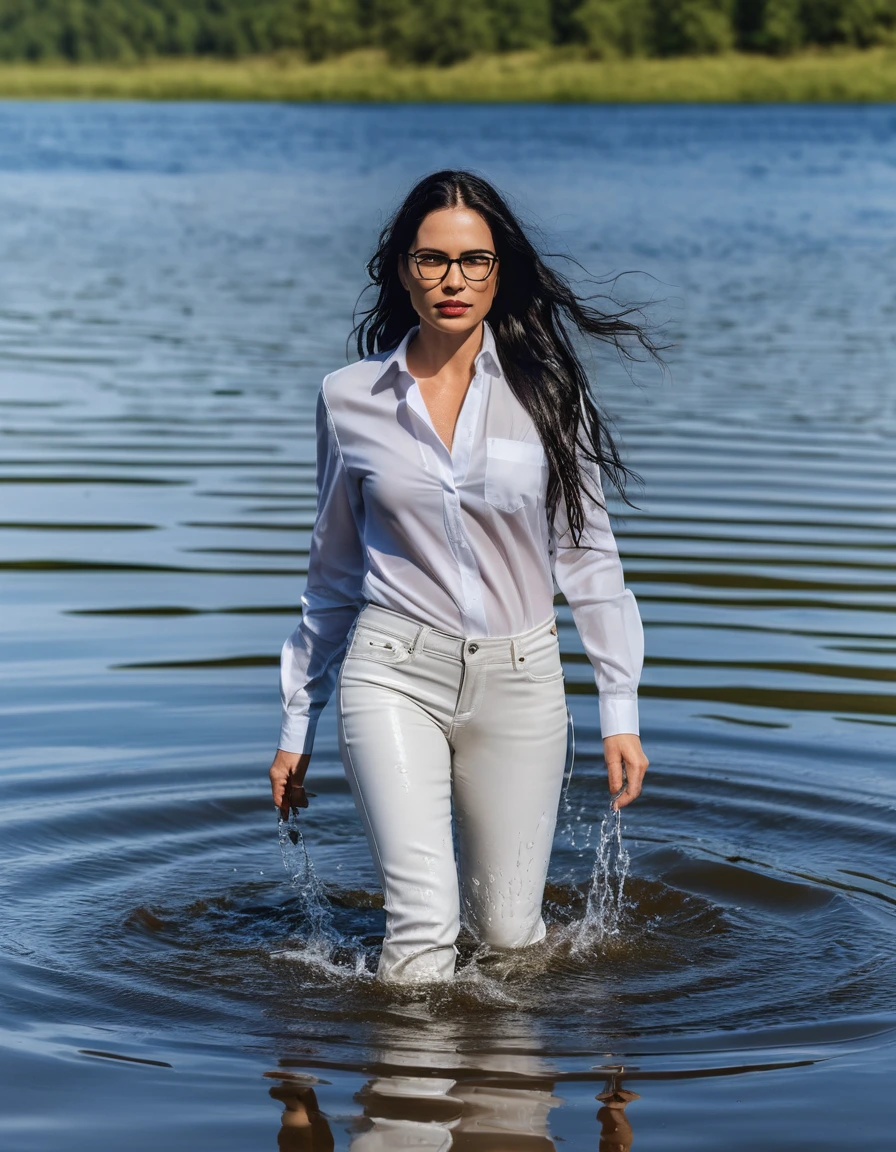 photo of young woman, in soaking wet, drenched clothes,
office shoes , long white leather jeans, white jeans shirt with long sleeves, walking submerged in sunny deep lake, 
enjoying, wet clothes stuck to body,
detailed textures of the wet clothes, wet face, wet plastered hair,
wet, drenched, professional, high-quality details, full body view.
sharp focus, ultra-high pixel detail, realistic, high-quality, full colors, incredibly detailed, 4k, 8k, 16k, hyper-realistic, RAW photo, masterpiece, ultra-detailed, professionally color graded, professional photograph, woman 51 years old, long black hair, very big and thick lips, office glasses, complete body, open mouth