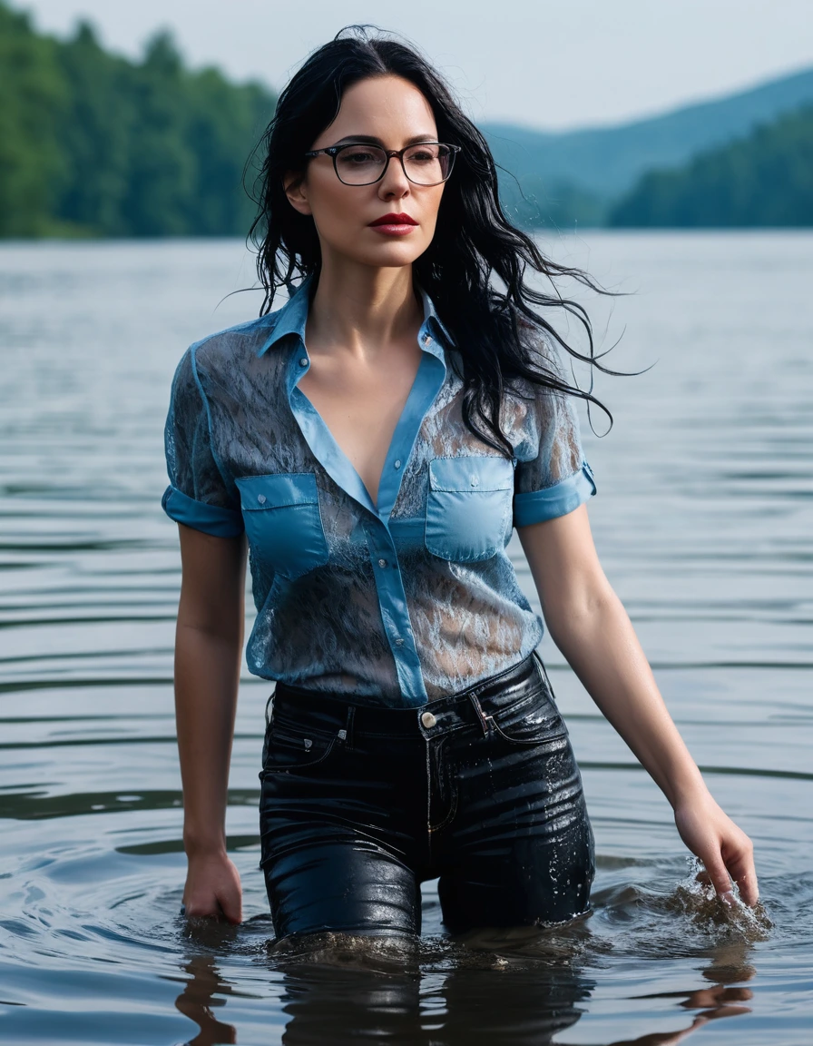 photo of young woman, in soaking wet, drenched clothes,
office shoes , long light blue leather jeans, black lace top with short sleeves, walking submerged in sunny deep lake, 
enjoying, wet clothes stuck to body,
detailed textures of the wet clothes, wet face, wet plastered hair,
wet, drenched, professional, high-quality details, full body view.
sharp focus, ultra-high pixel detail, realistic, high-quality, full colors, incredibly detailed, 4k, 8k, 16k, hyper-realistic, RAW photo, masterpiece, ultra-detailed, professionally color graded, professional photograph, woman 51 years old, long black hair, very big and thick lips, office glasses, complete body, open mouth