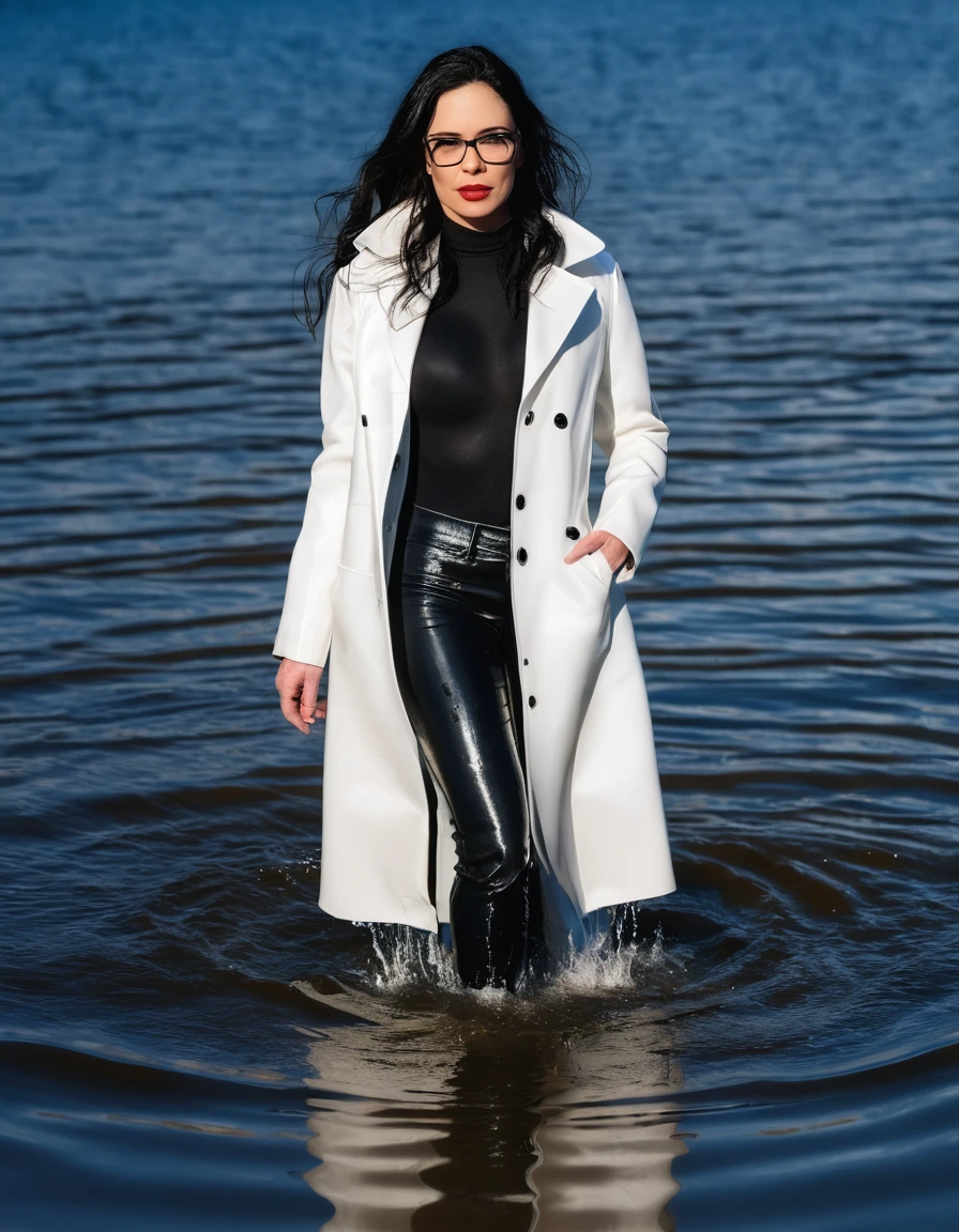 photo of young woman, in soaking wet, drenched clothes,
office shoes , long black latex jeans, maxi white winter coat, walking submerged in sunny deep lake, 
enjoying, wet clothes stuck to body,
detailed textures of the wet clothes, wet face, wet plastered hair,
wet, drenched, professional, high-quality details, full body view.
sharp focus, ultra-high pixel detail, realistic, high-quality, full colors, incredibly detailed, 4k, 8k, 16k, hyper-realistic, RAW photo, masterpiece, ultra-detailed, professionally color graded, professional photograph, woman 51 years old, long black hair, very big and thick lips, office glasses, complete body, open mouth
