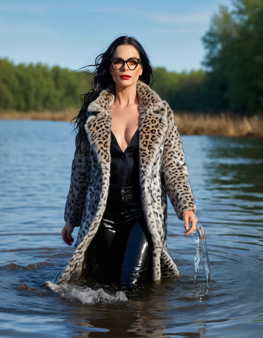 photo of young woman, in soaking wet, drenched clothes,
office shoes , long black latex jeans, maxi leopard printed fur gray coat, walking submerged in sunny deep lake, 
enjoying, wet clothes stuck to body,
detailed textures of the wet clothes, wet face, wet plastered hair,
wet, drenched, professional, high-quality details, full body view.
sharp focus, ultra-high pixel detail, realistic, high-quality, full colors, incredibly detailed, 4k, 8k, 16k, hyper-realistic, RAW photo, masterpiece, ultra-detailed, professionally color graded, professional photograph, woman 51 years old, long black hair, very big and thick lips, office glasses, complete body, open mouth